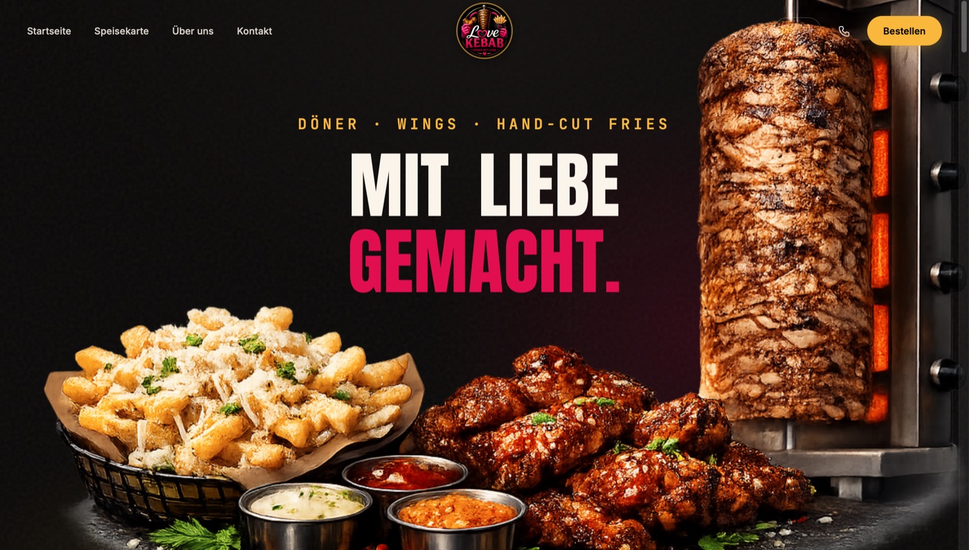 Screenshot van de homepage van Love Kebab