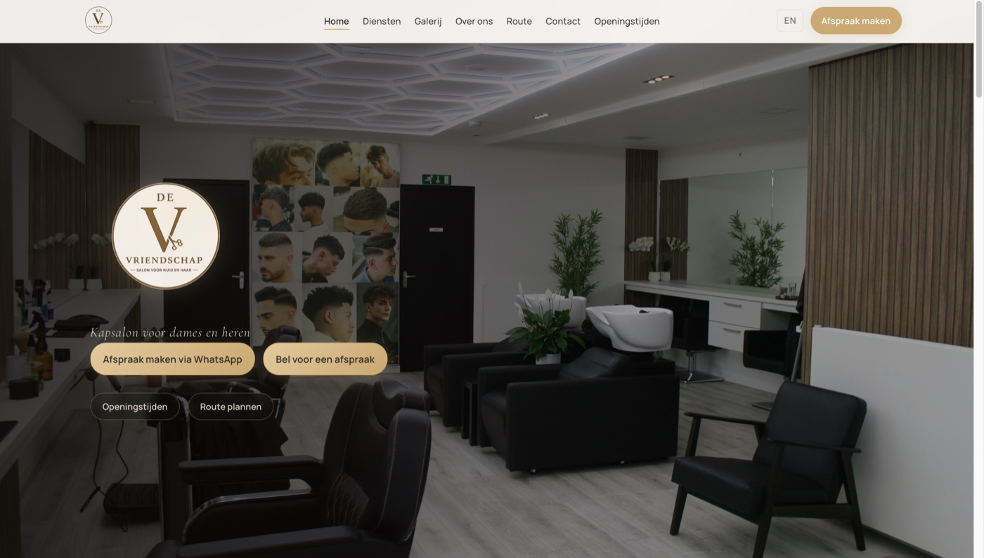 Screenshot van de website van de Vriendschap Kapsalon